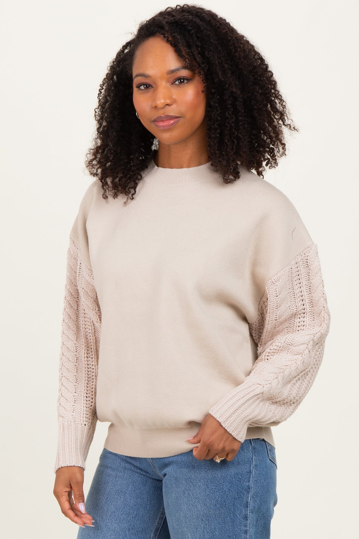 Beige Cable Knit Sleeve Round Neck Sweater