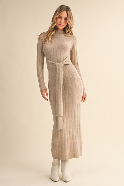 Beige Ribbed Front Tie Maternity Maxi Sweater Dress