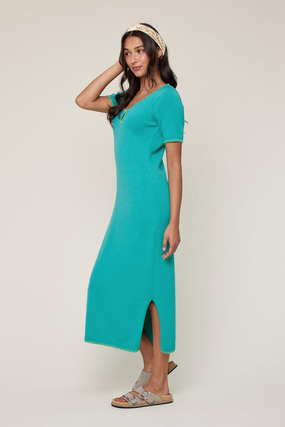 Aqua Knit Contrast Stitch Detail Midi Dress