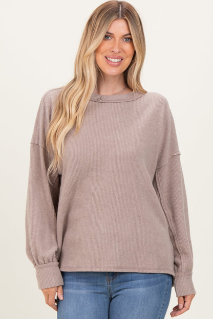Beige Brushed Ribbed Knit Maternity Pullover