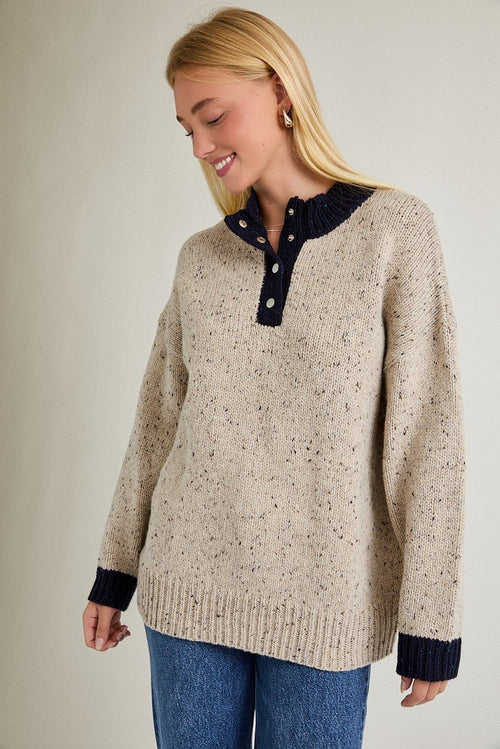 Beige Speckle Knit Snap Button Oversized Sweater