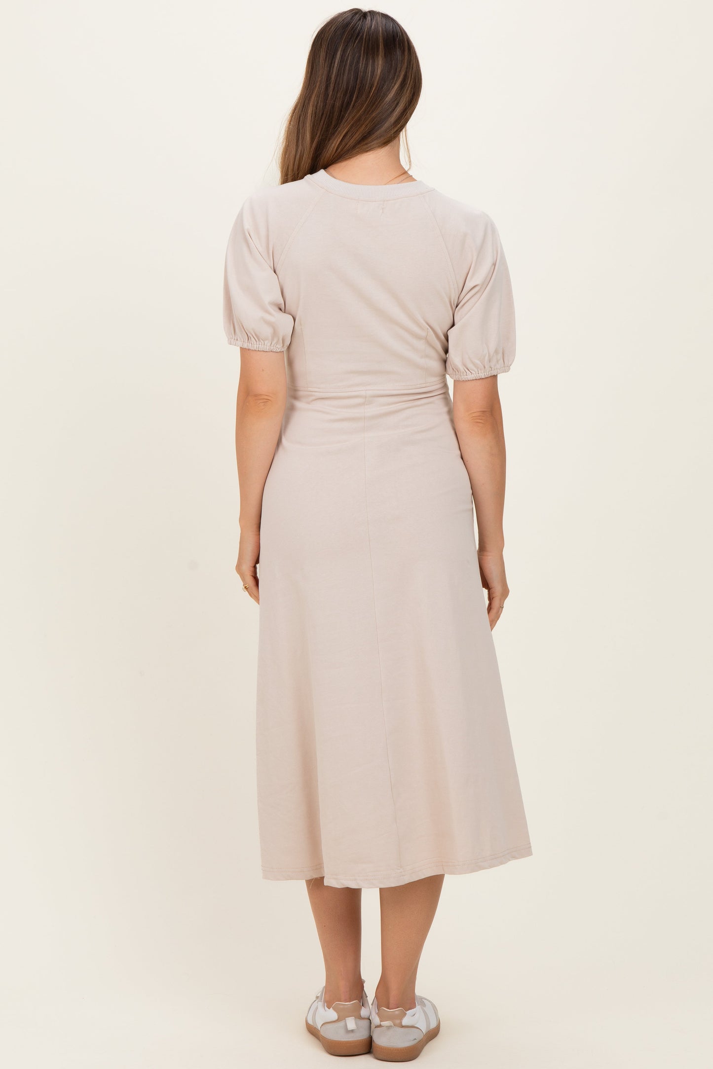 Beige Puff Sleeve Maternity Midi Dress