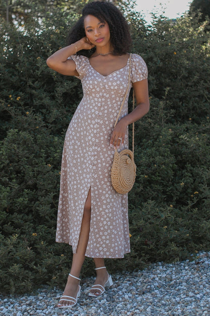 Beige Floral V-Neck Button Detail Maternity Midi Dress
