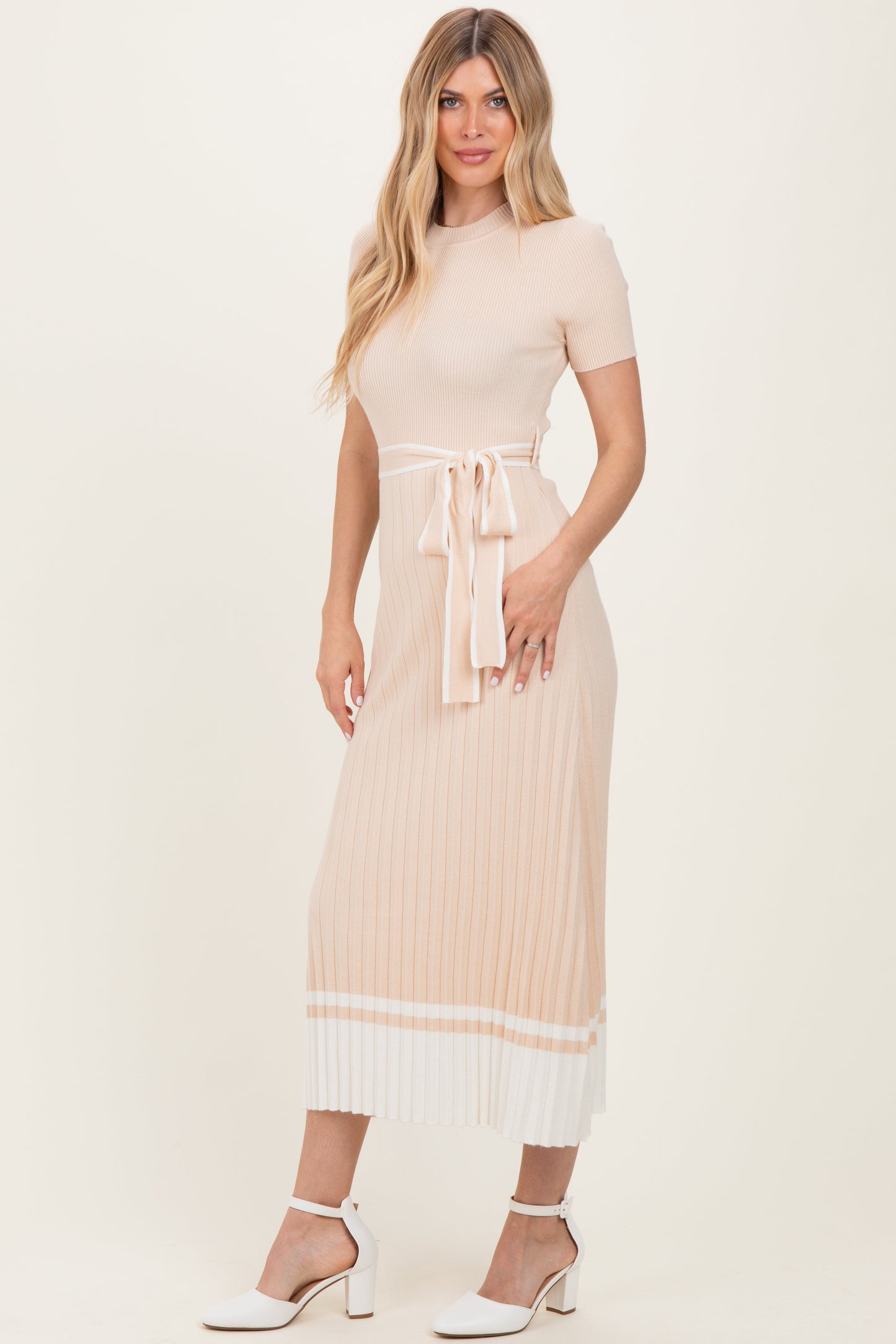 Beige Knit Pleated Sash Tie Midi Dress