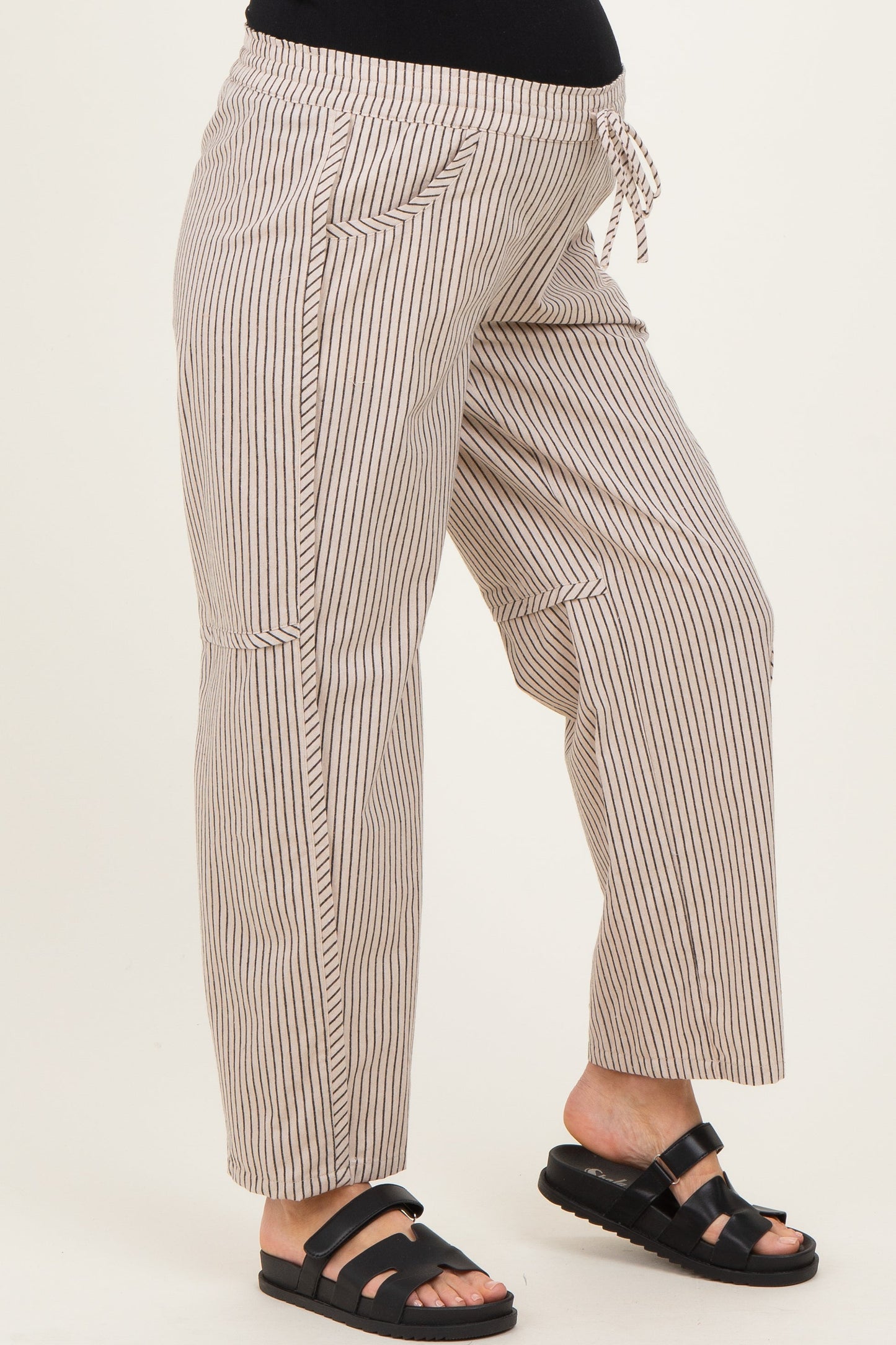 Beige Striped Barrel Maternity Pants
