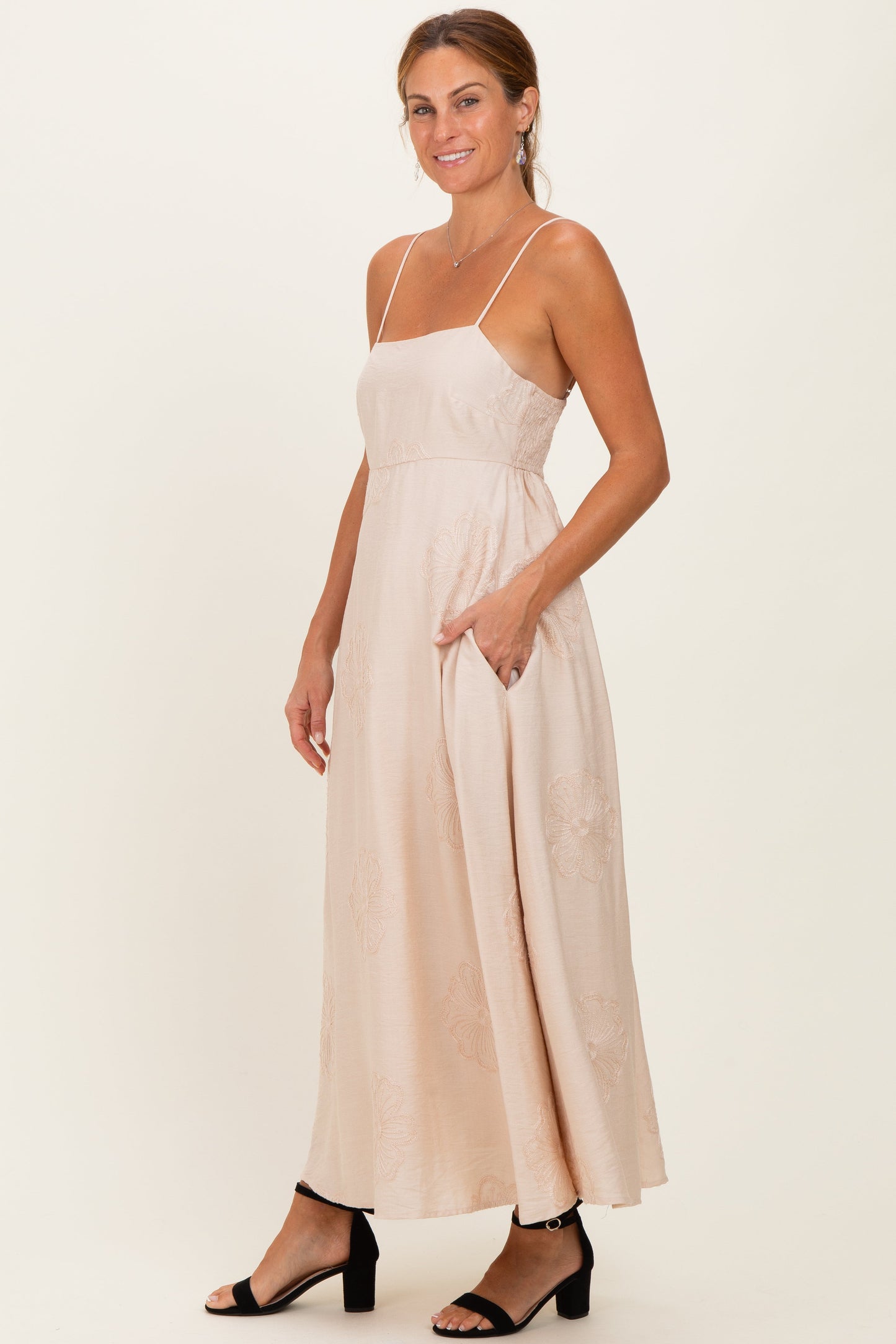 Beige Flower Embroidered Midi Dress