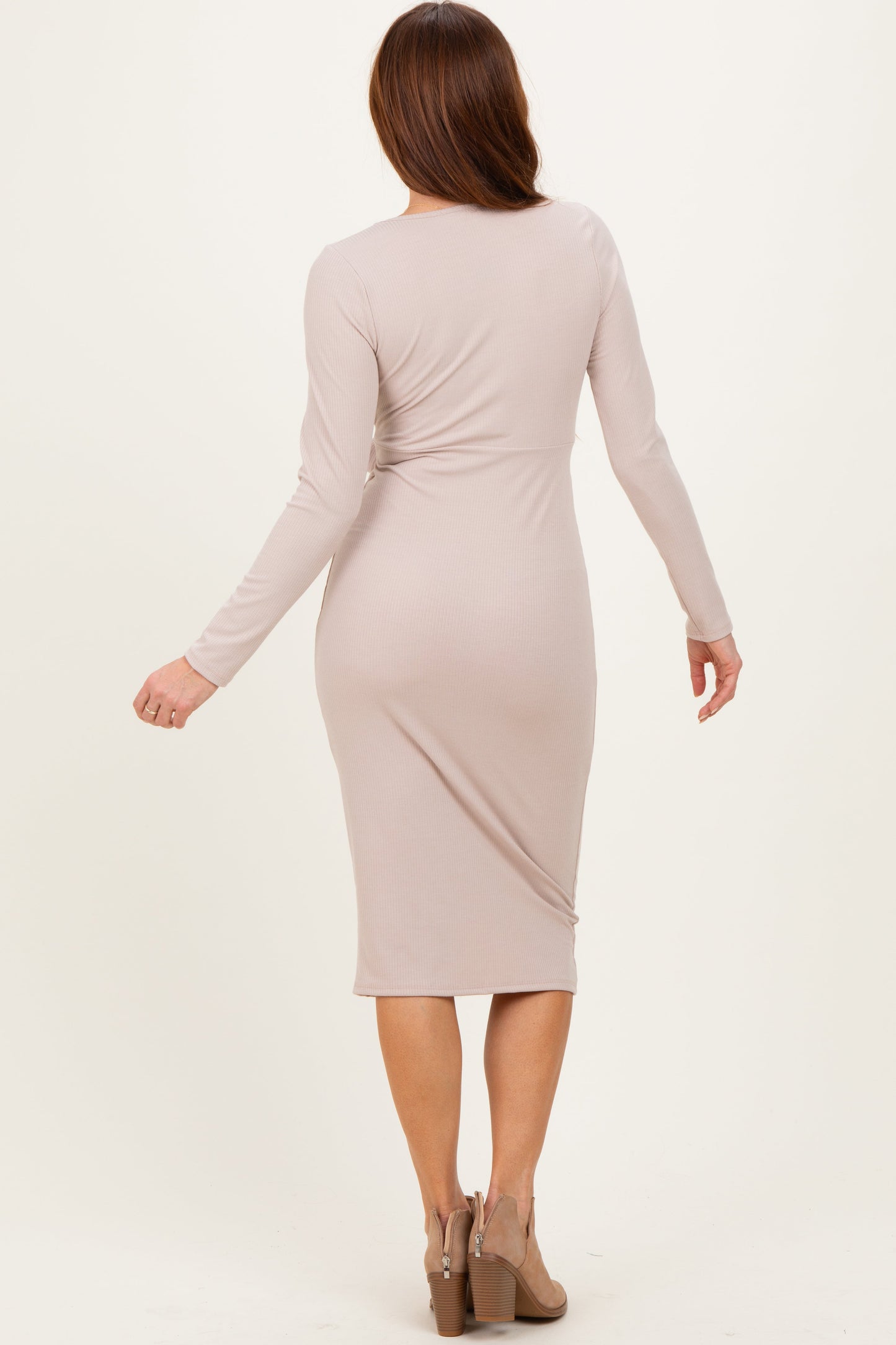 Beige Ribbed Long Sleeve Square Neck Tie Belt Midi Dress