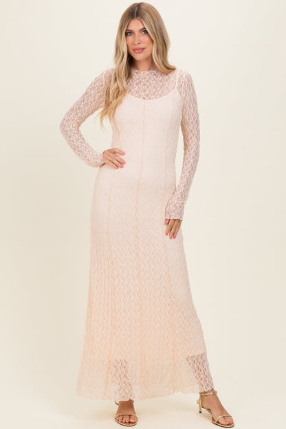 Beige Lace Mock Neck Long Sleeve Maternity Maxi Dress