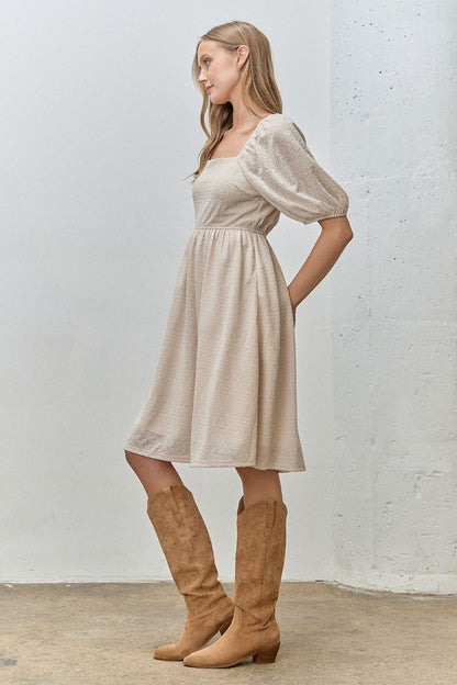 Beige Lace Jacquard Puff Sleeve Dress