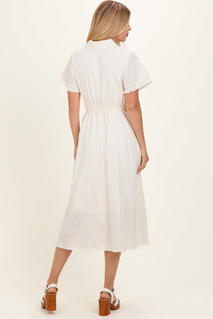 Beige Button Down Frayed Midi Dress