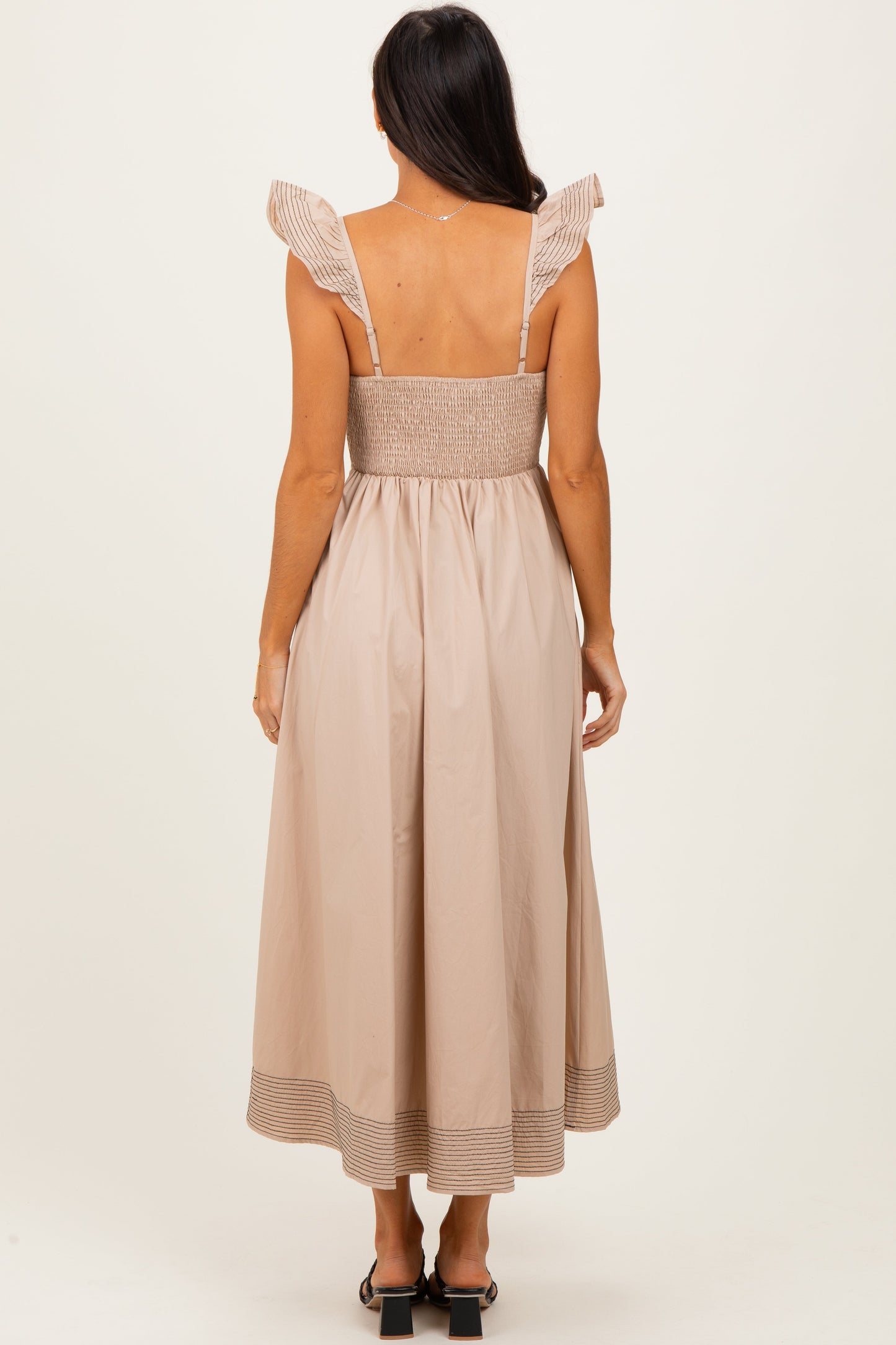 Beige Cutout Seam Detail Midi Dress