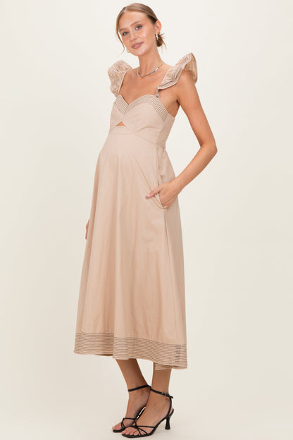 Beige Cutout Seam Detail Maternity Midi Dress