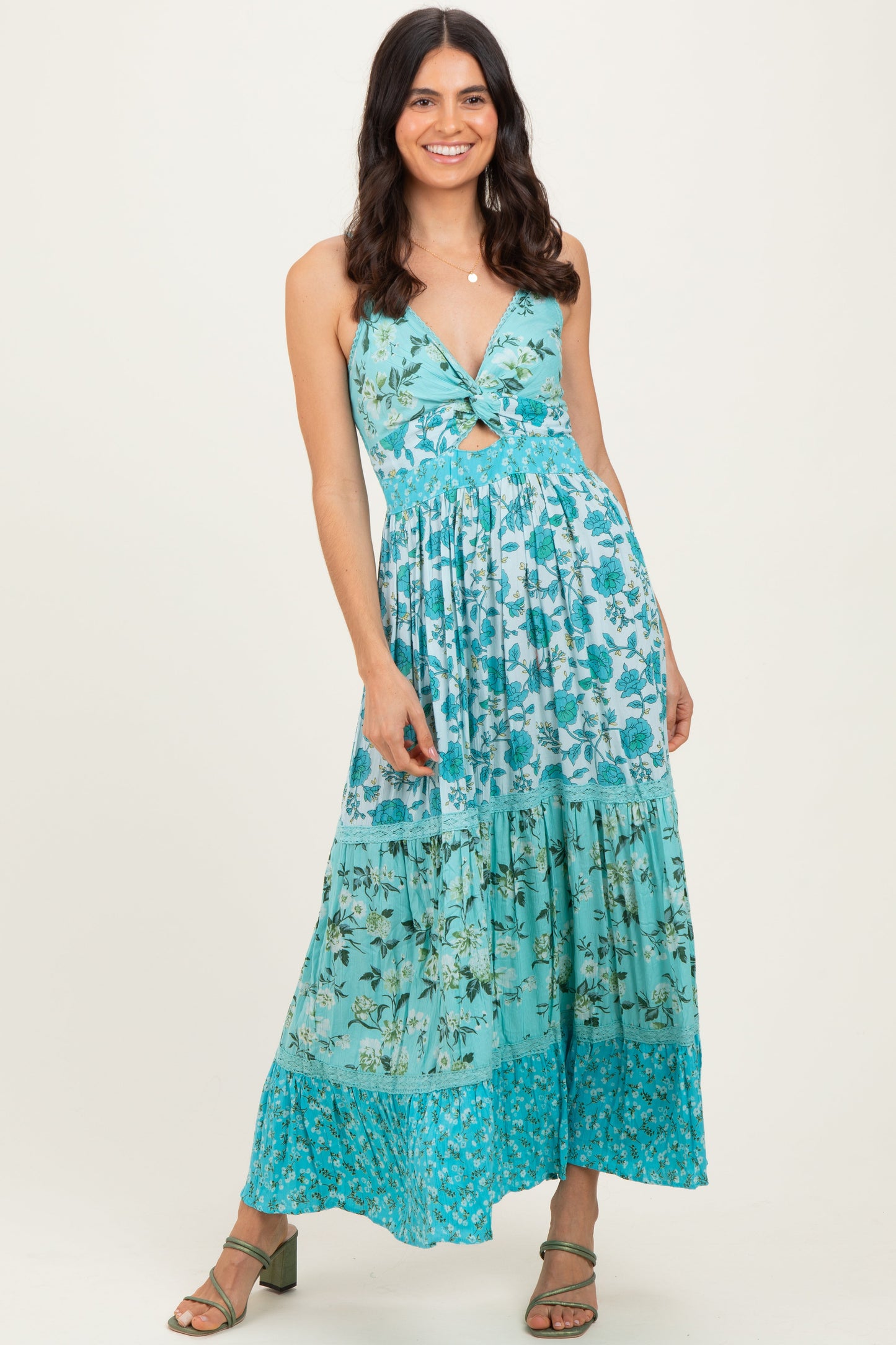 Aqua Multi Floral Print Twist Front Cutout Maxi Dress