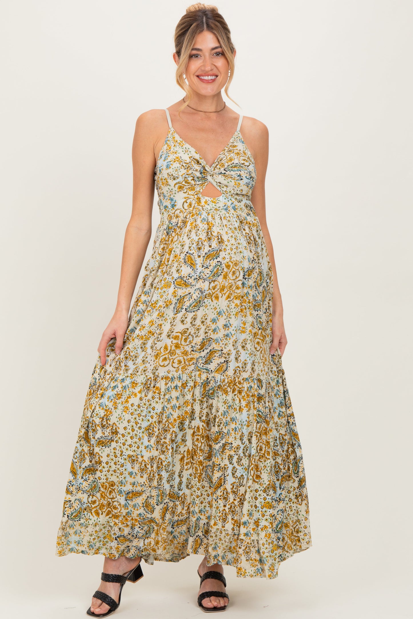Beige Paisley Floral Twisted Front Maternity Maxi Dress