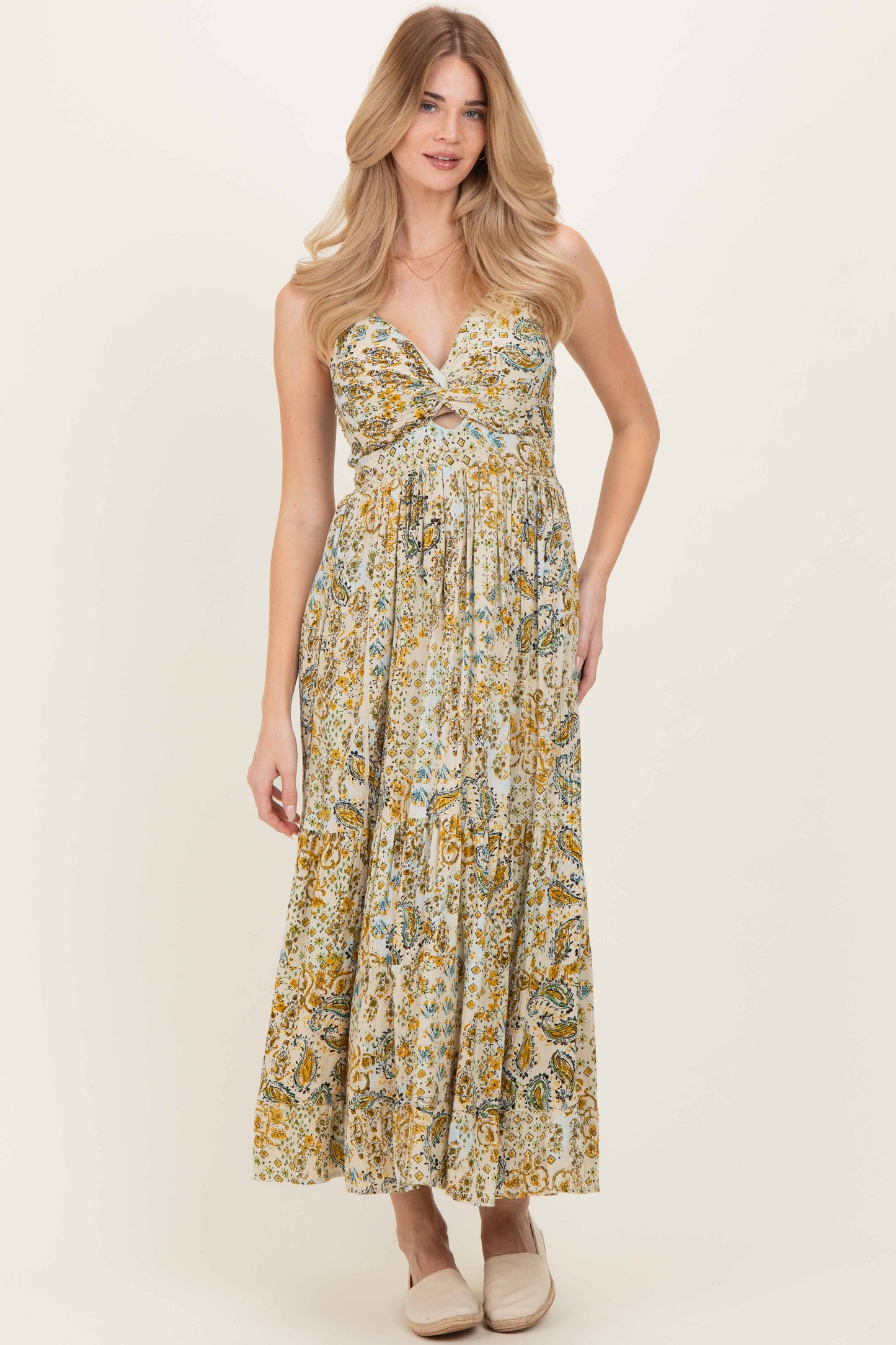 Beige Paisley Floral Twisted Front Maternity Maxi Dress