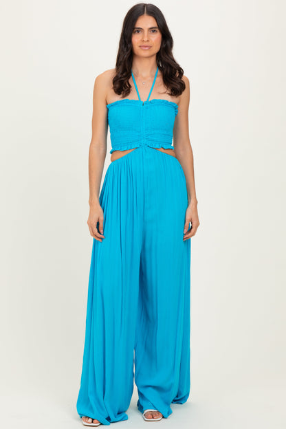 Aqua Blue Smocked Drawstring Halter Side Cutout Jumpsuit