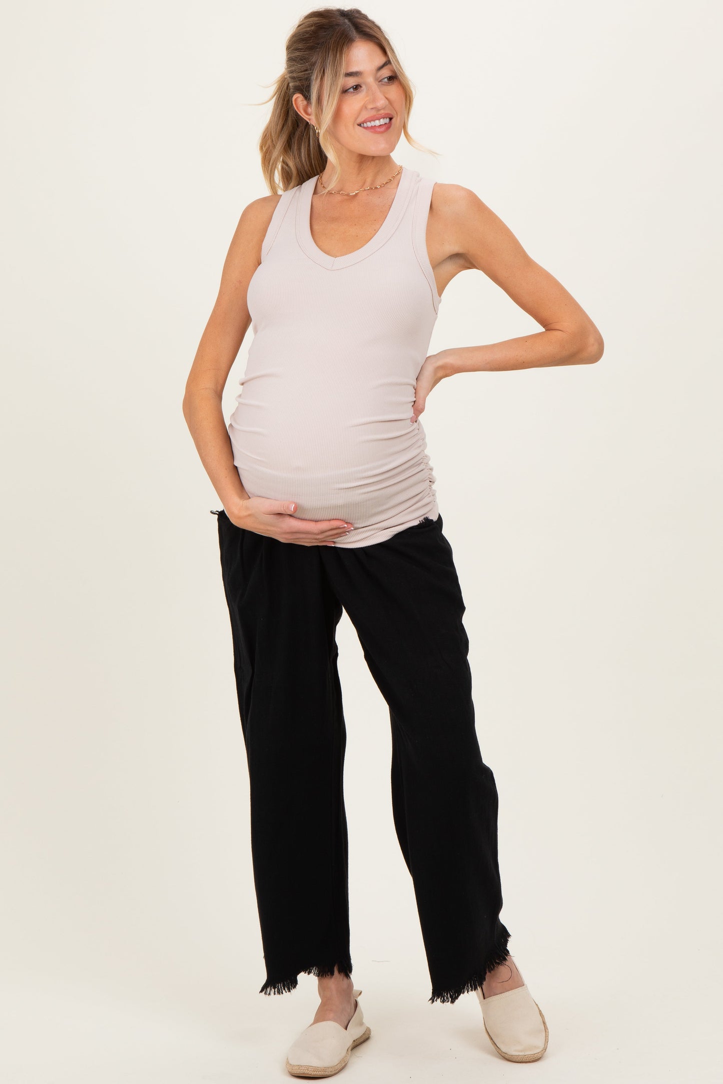 Beige Ribbed Sleeveless Ruched Maternity Tank Top