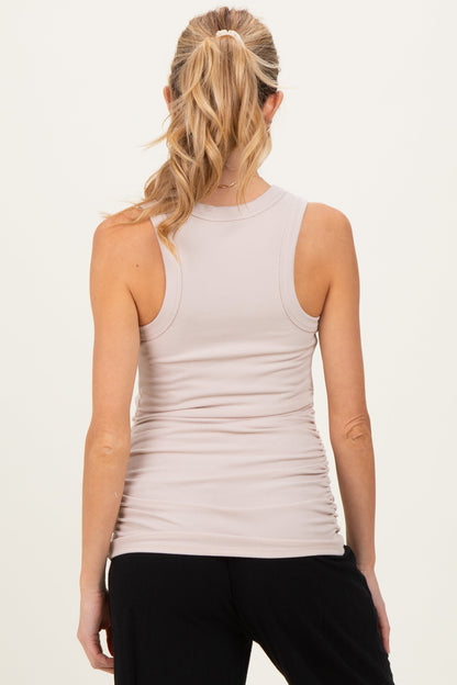 Beige Ribbed Sleeveless Ruched Maternity Tank Top