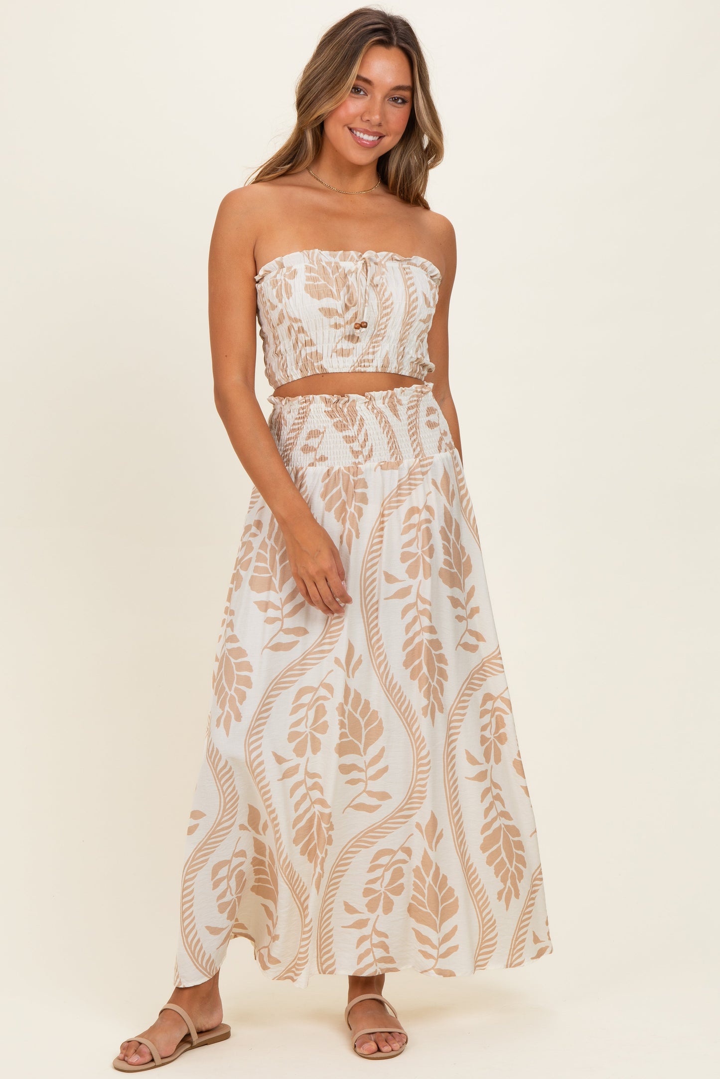 Beige Leaf Print Smocked Crop Top Maxi Skirt Set