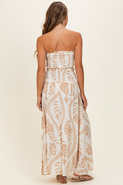 Beige Leaf Print Smocked Crop Top Maxi Skirt Set