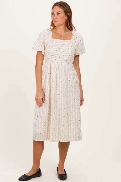 Beige Square Neck Striped Maternity Dress