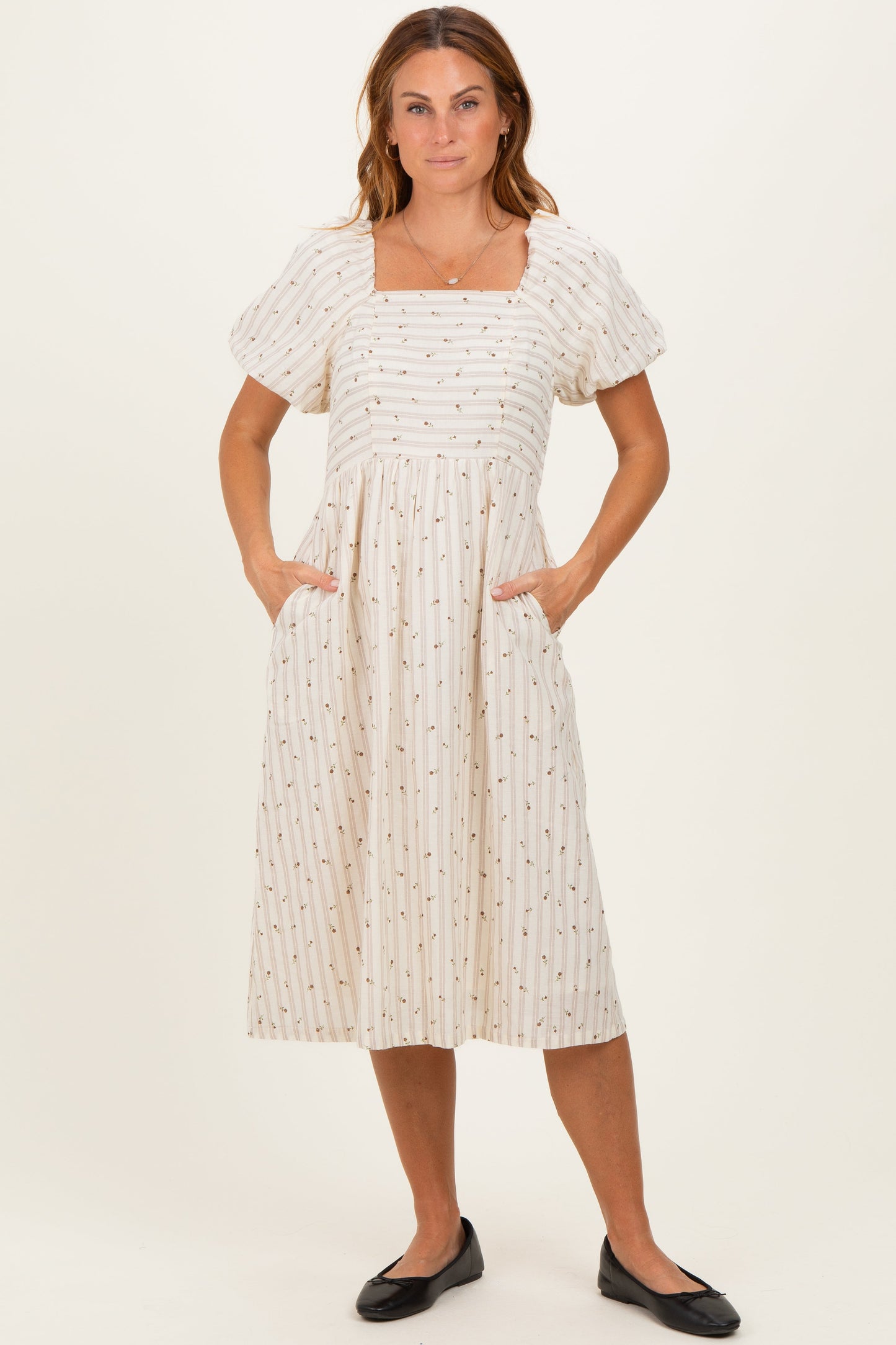 Beige Square Neck Striped Dress