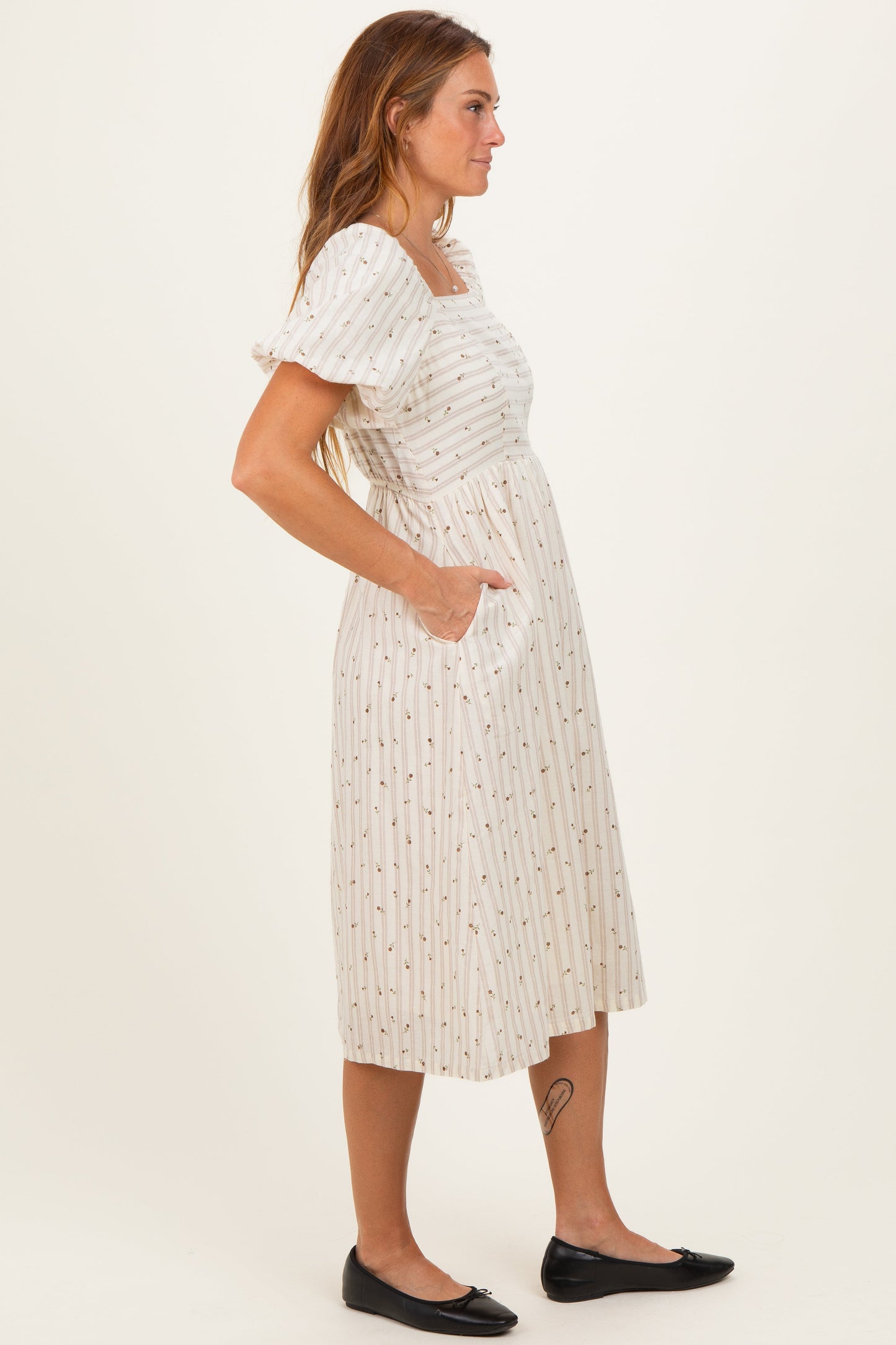 Beige Square Neck Striped Dress