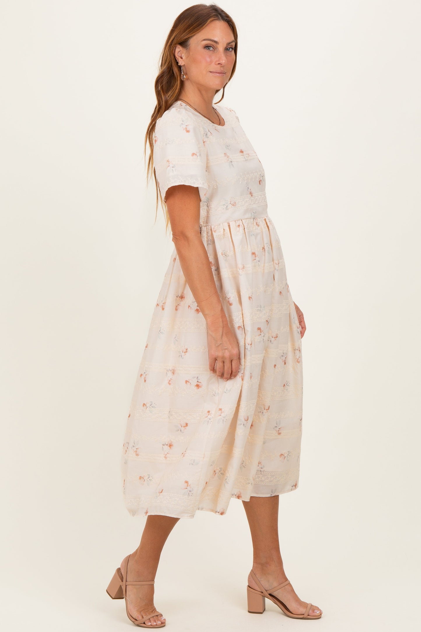 Beige Floral Embroidered Short Sleeve Maternity Midi Dress