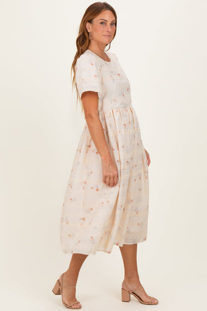 Beige Floral Embroidered Short Sleeve Maternity Midi Dress