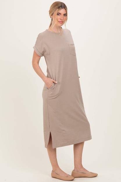 Beige Pocket Front Midi T-Shirt Dress