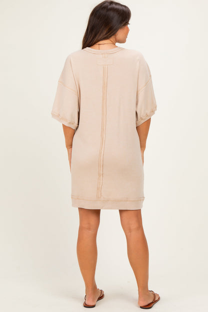 Beige Mineral Wash French Terry Knit Maternity T-Shirt Dress
