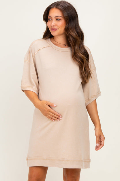 Beige Mineral Wash French Terry Knit Maternity T-Shirt Dress