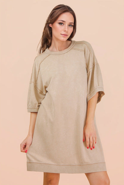 Beige Mineral Wash French Terry Knit T-Shirt Dress