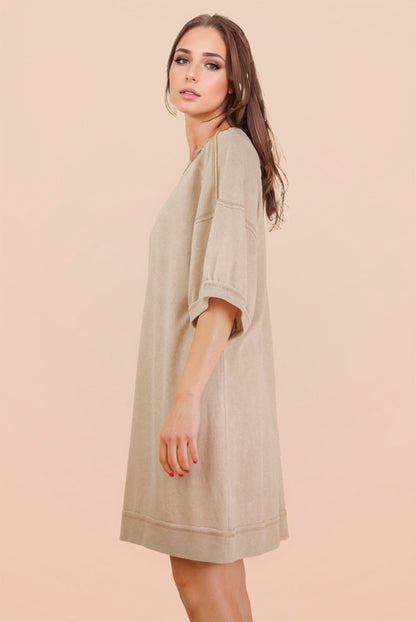 Beige Mineral Wash French Terry Knit T-Shirt Dress