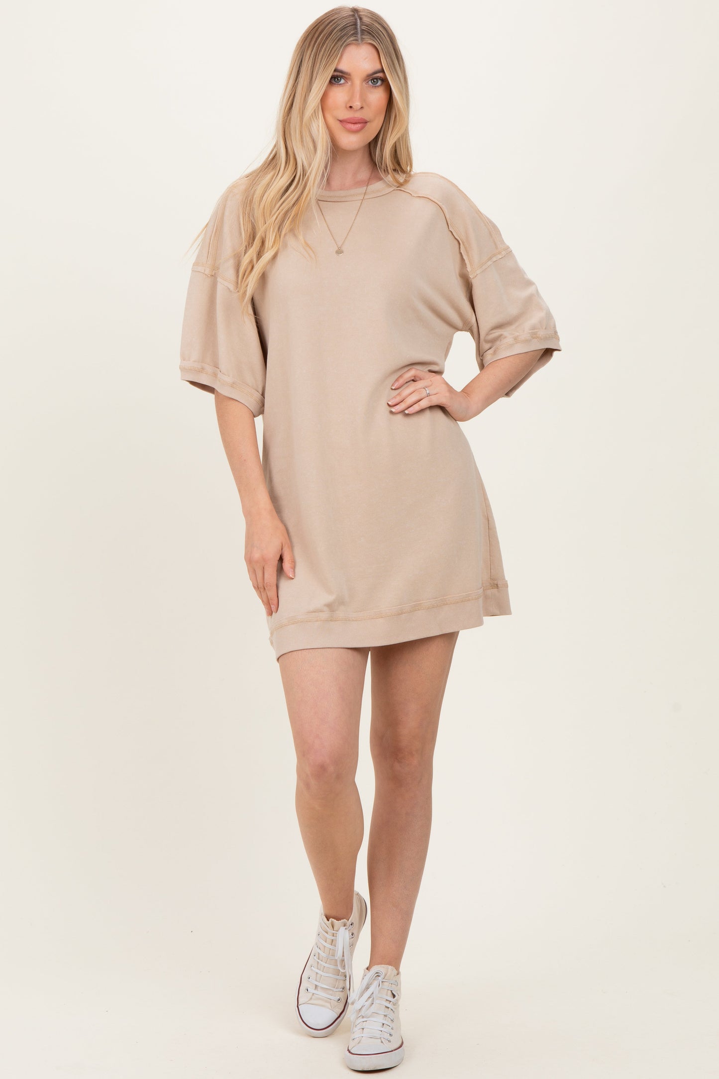 Beige Mineral Wash French Terry Knit T-Shirt Dress