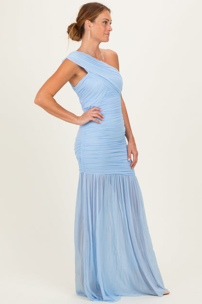 Baby Blue Ruched Mesh One Shoulder Maxi Dress
