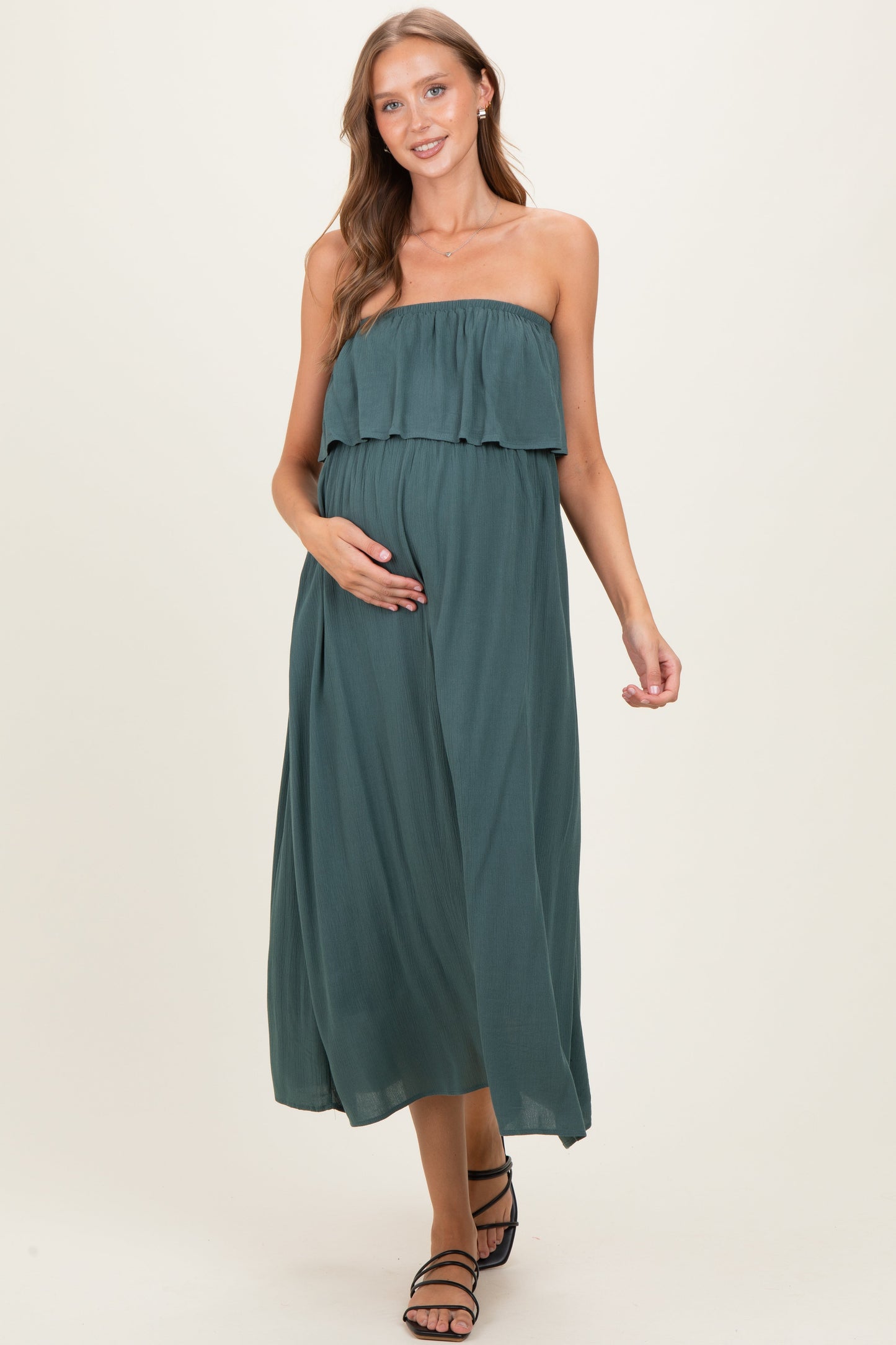 Ash Jade Woven Crinkle Flounce Strapless Maternity Maxi Dress