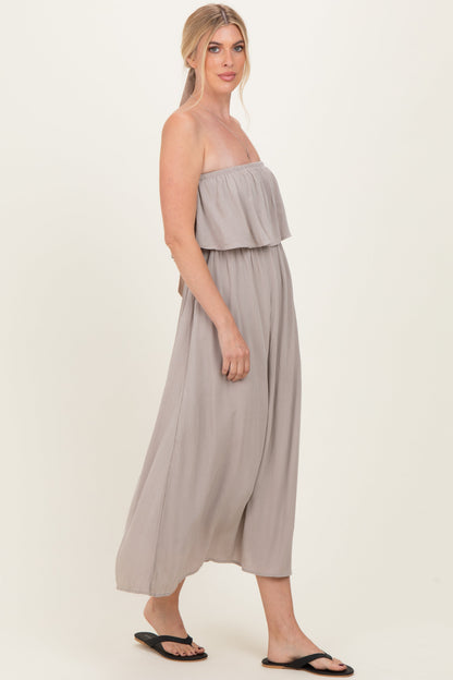 Ash Mocha Woven Crinkle Flounce Strapless Maxi Dress