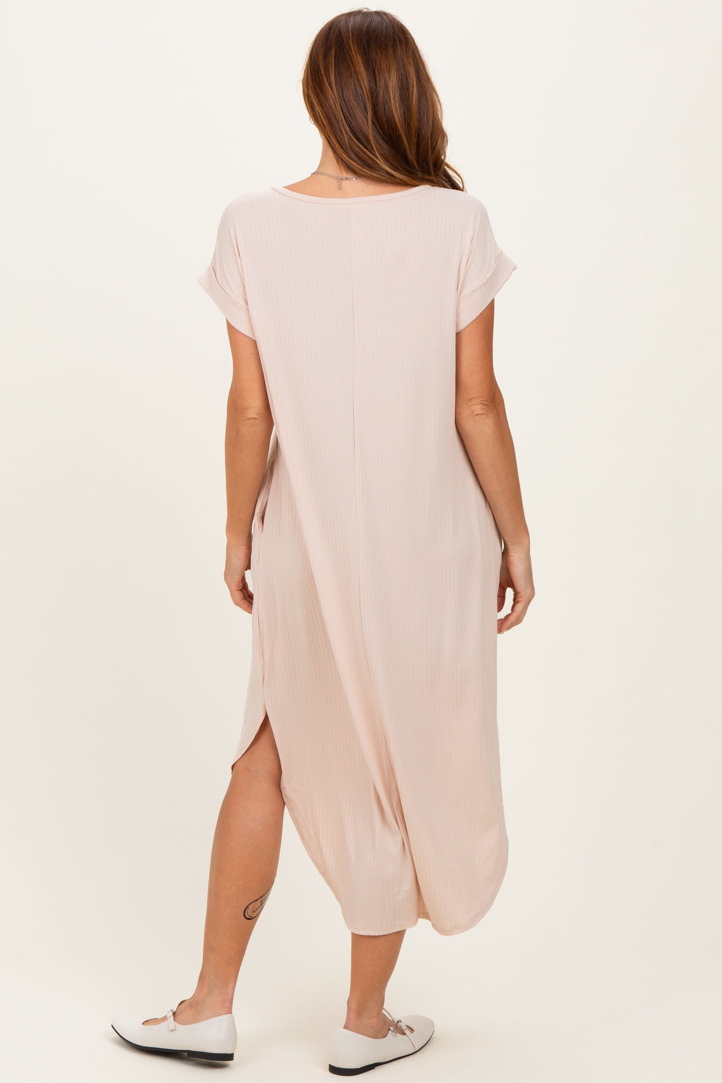 Beige Ribbed Curved Hem Midi Dress