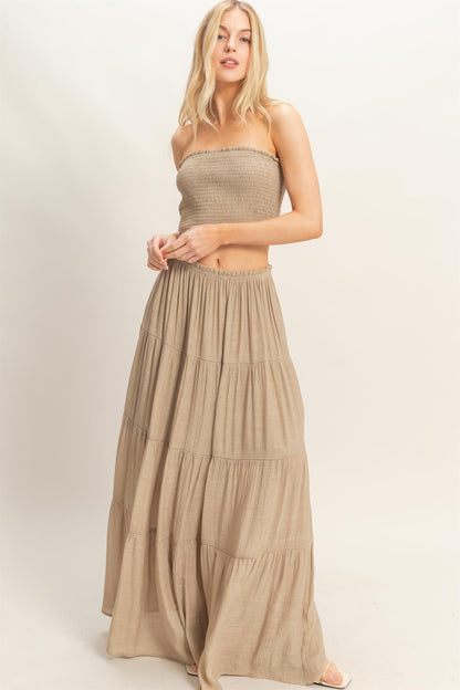Beige Smocked Tube Top Tiered Skirt Maternity Set