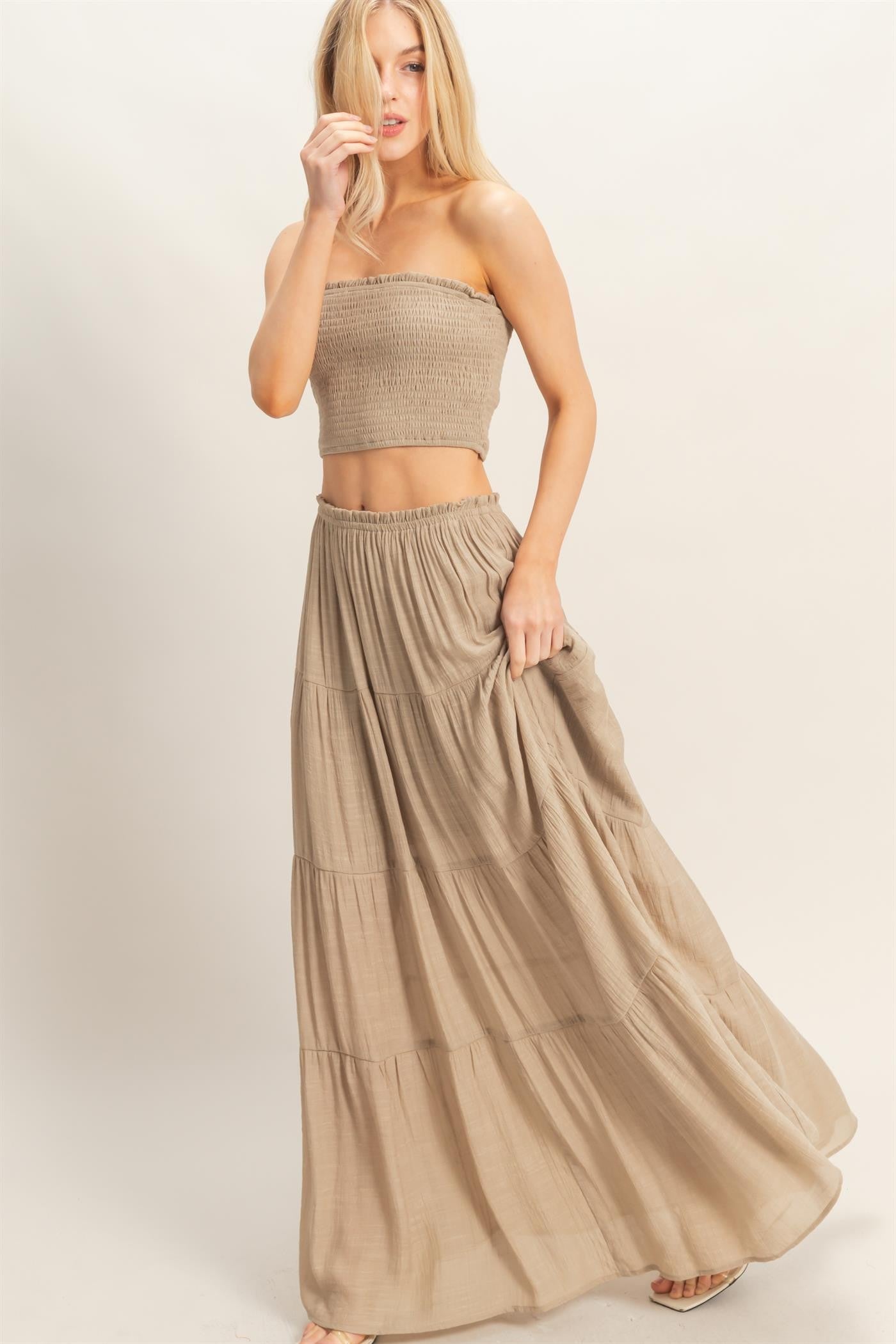 Beige Smocked Tube Top Tiered Skirt Set