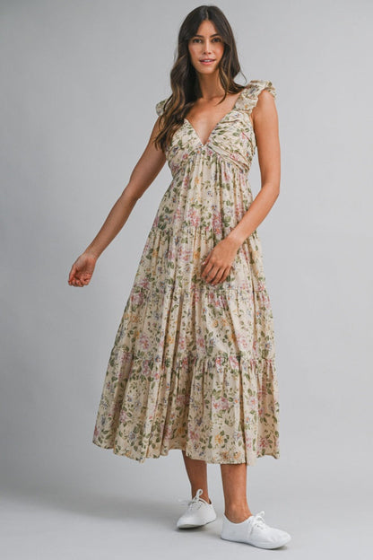 Beige Floral V-Neck Tiered Maternity Midi Dress