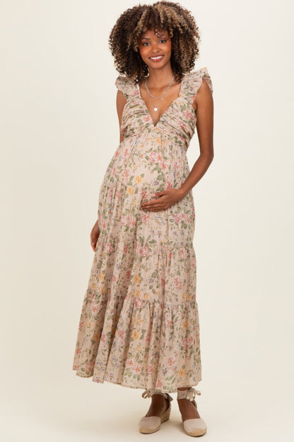 Beige Floral V-Neck Tiered Maternity Midi Dress