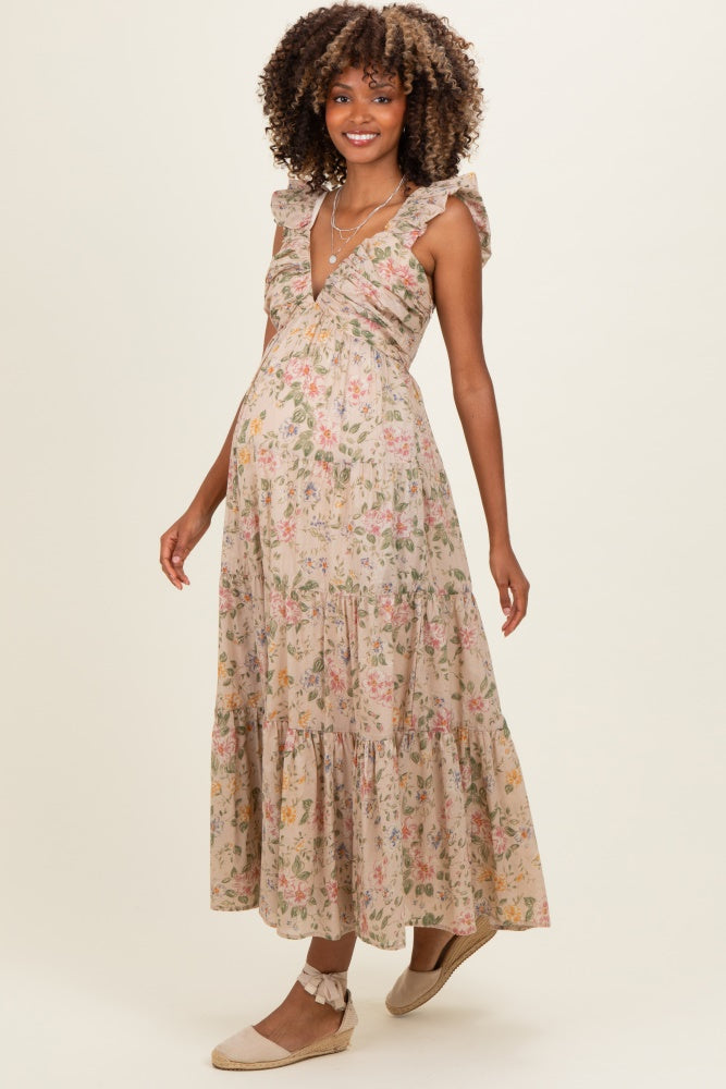 Beige Floral V-Neck Tiered Maternity Midi Dress