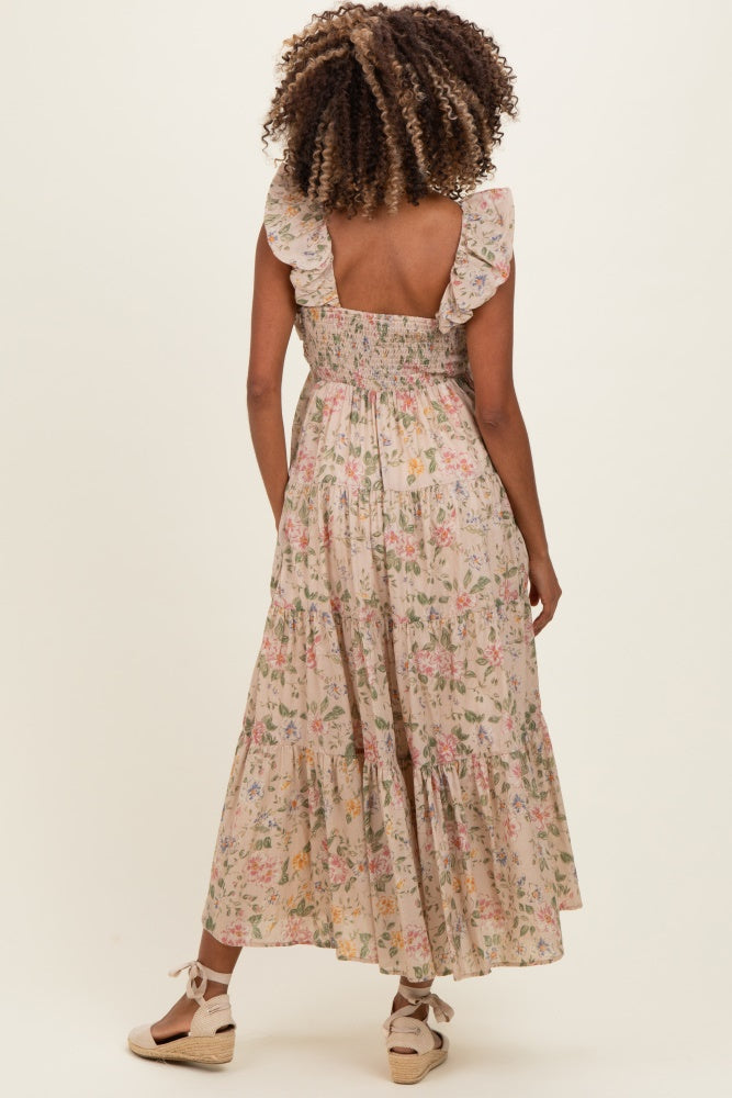 Beige Floral V-Neck Tiered Maternity Midi Dress