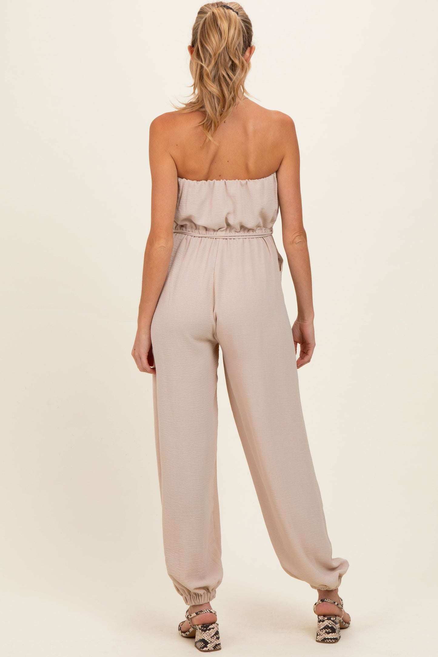 Beige Crinkled Tube Balloon Maternity Jumpsuit