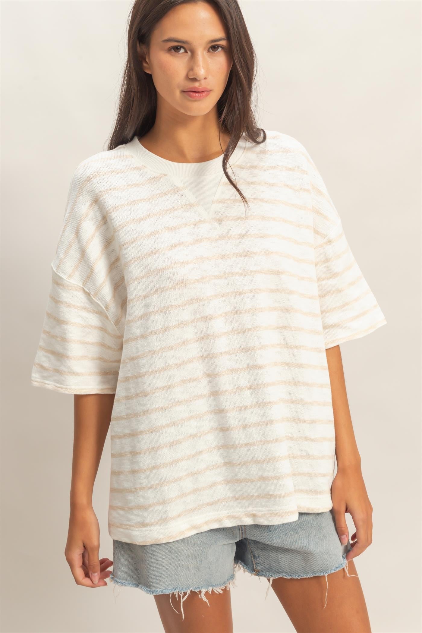 Beige Oversized Striped Short Sleeve Top