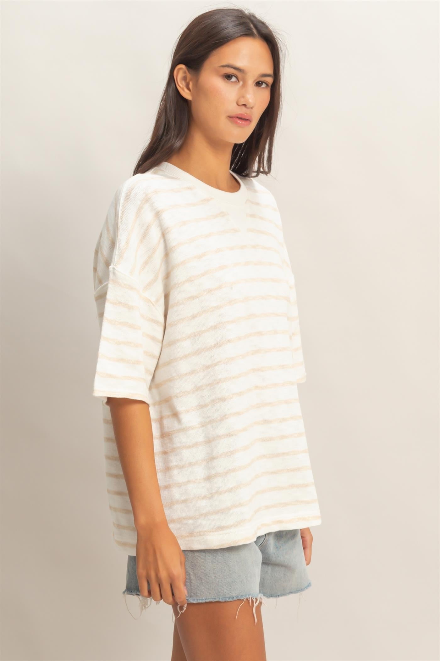 Beige Oversized Striped Short Sleeve Top