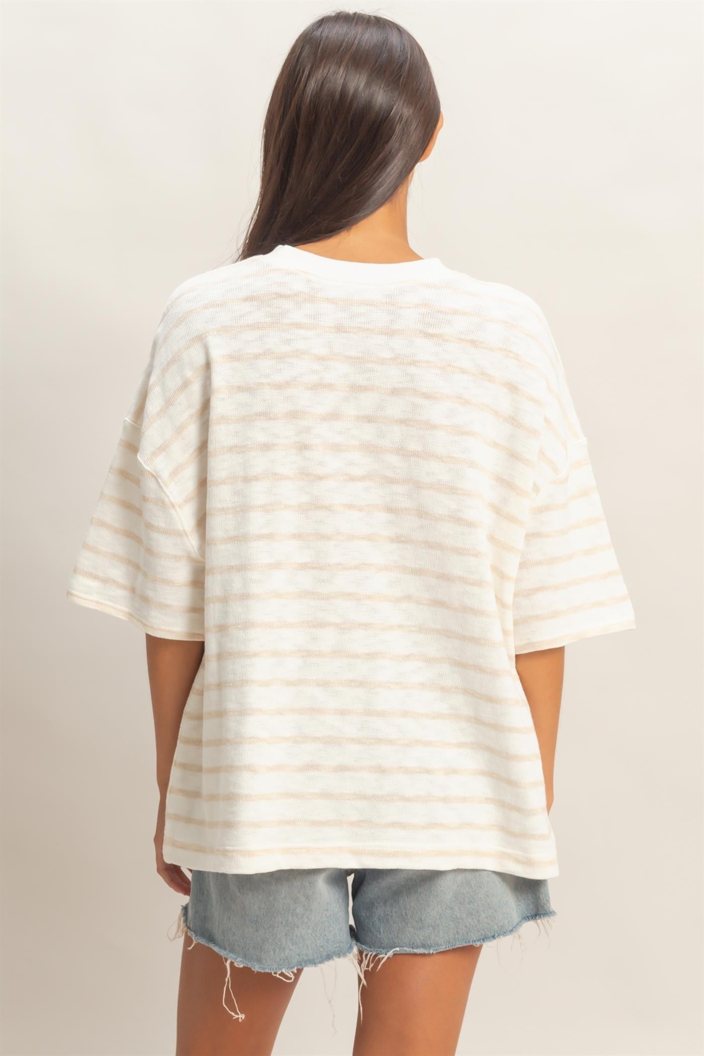 Beige Oversized Striped Short Sleeve Top