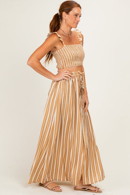 Beige Striped Smocked Crop Top Maxi Skirt Set